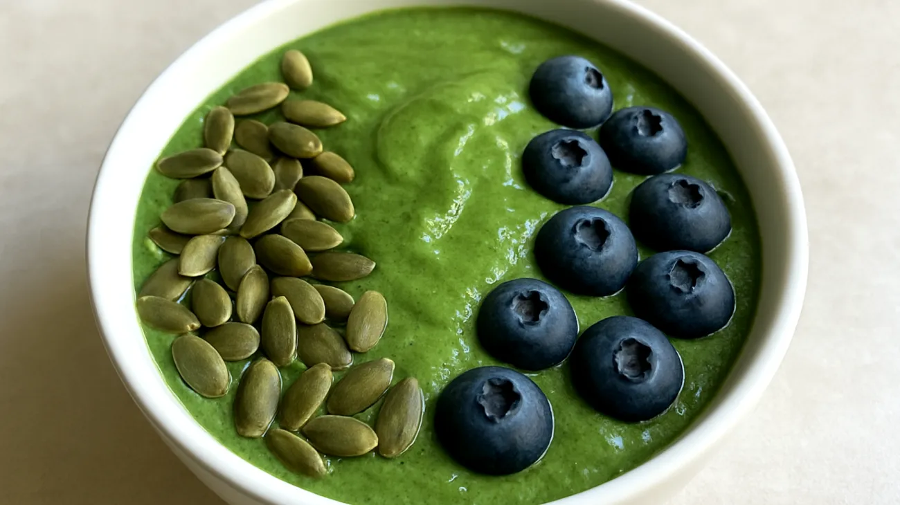 Smoothie bowl con spirulina, semi di zucca e mirtilli"