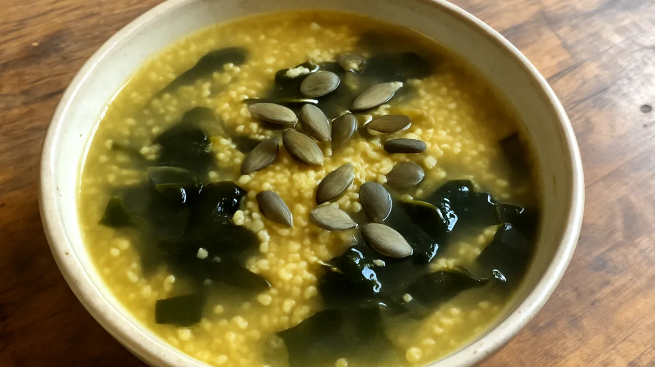 Zuppa di miglio con alghe wakame e semi di zucca"