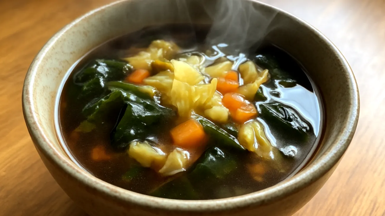 Zuppa di miso con verdure fermentate e alga wakame"