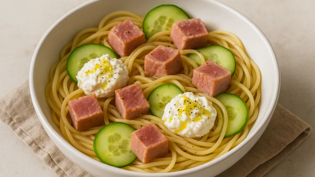 spaghettini al tonno ricotta cetrioli croccanti"