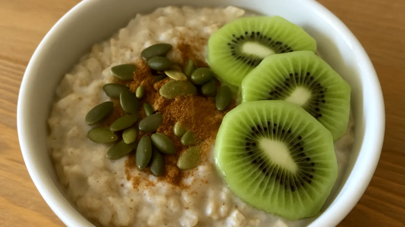 Porridge di avena con semi di zucca, cannella e kiwi"